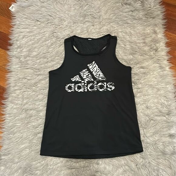 Adidas girls black and white‎ zebra print logo dri fit racer back tank top - Picture 1 of 3